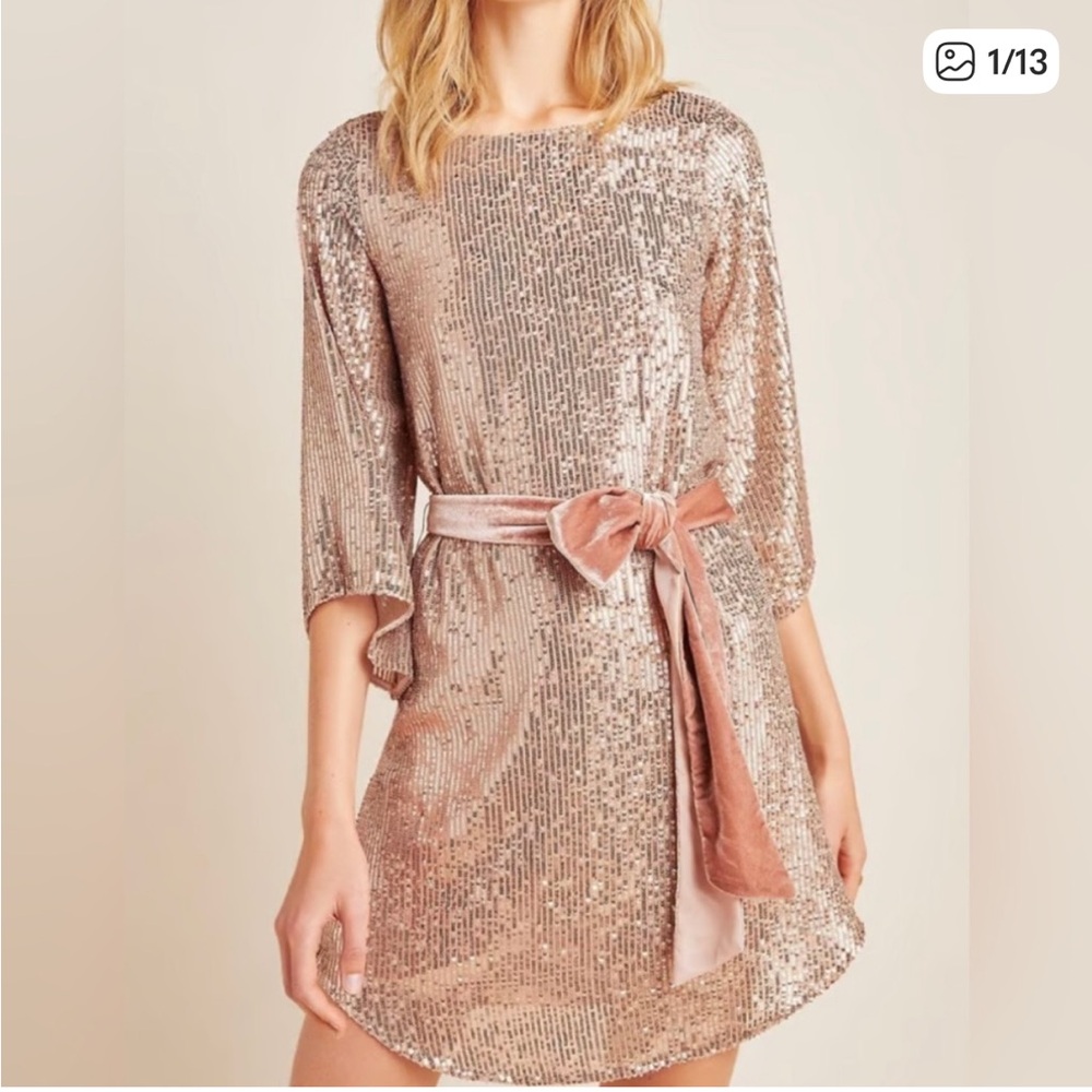 ANTHROPOLOGIE Starling Sequin Tunic Belted Rose Gold Champagne Formal Party